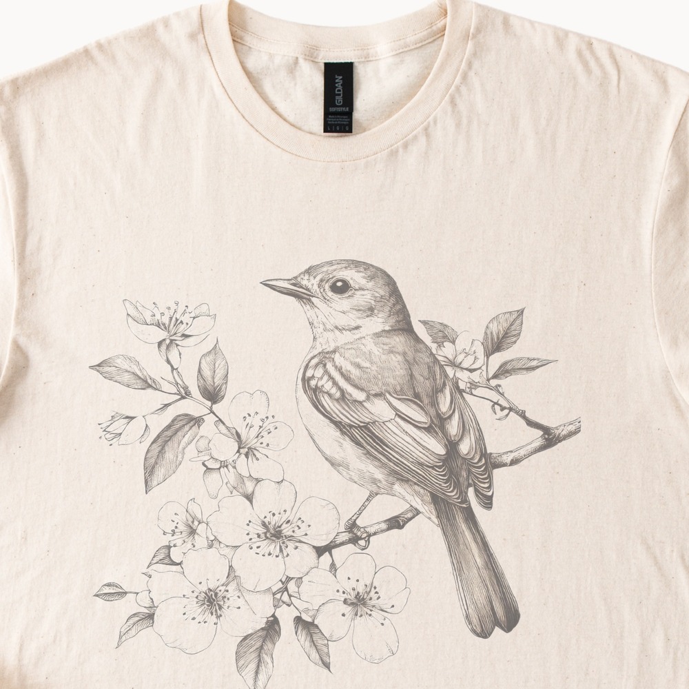 Songbird on Branch Woodcut Style Shirt